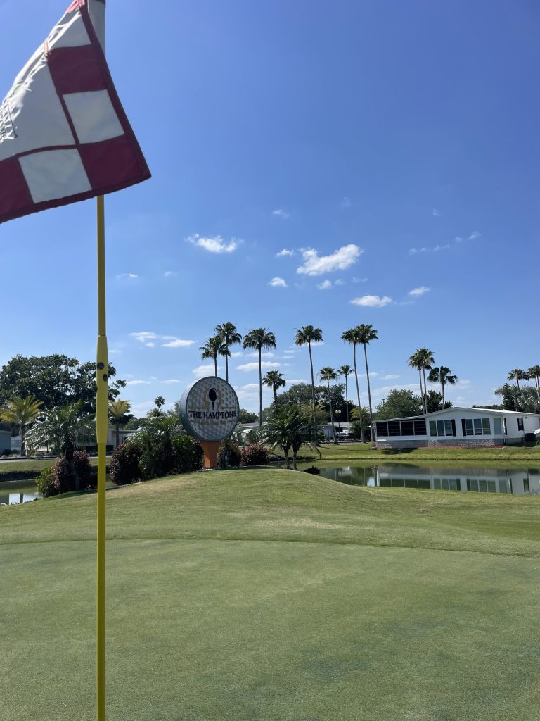 Golf course flag and Hamptons sign beside a pond on a sunny day.